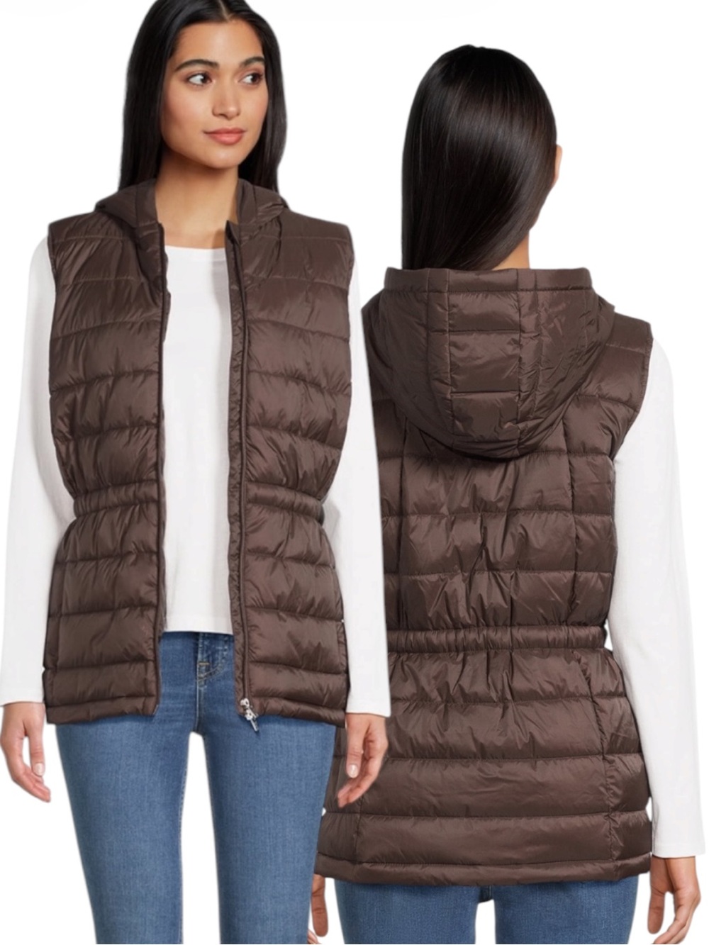 SWISS TECH Brown Hooded Puffer Vest with Cinched Waist